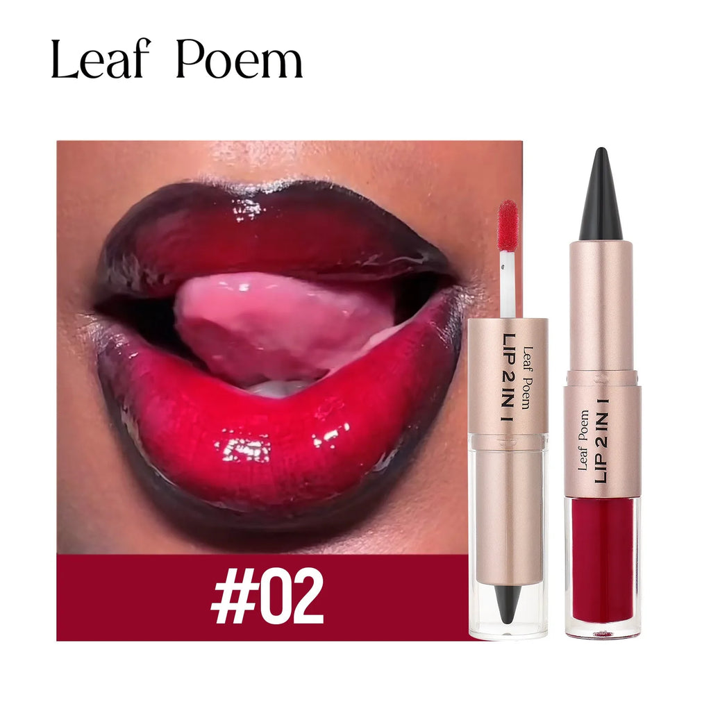 2 In 1 Dark Plum Pink Lip Makeup Matte Outline Lip Liner Mirror Plumping Lip Glaze Waterproof Lip Contour Non Stick Makeup