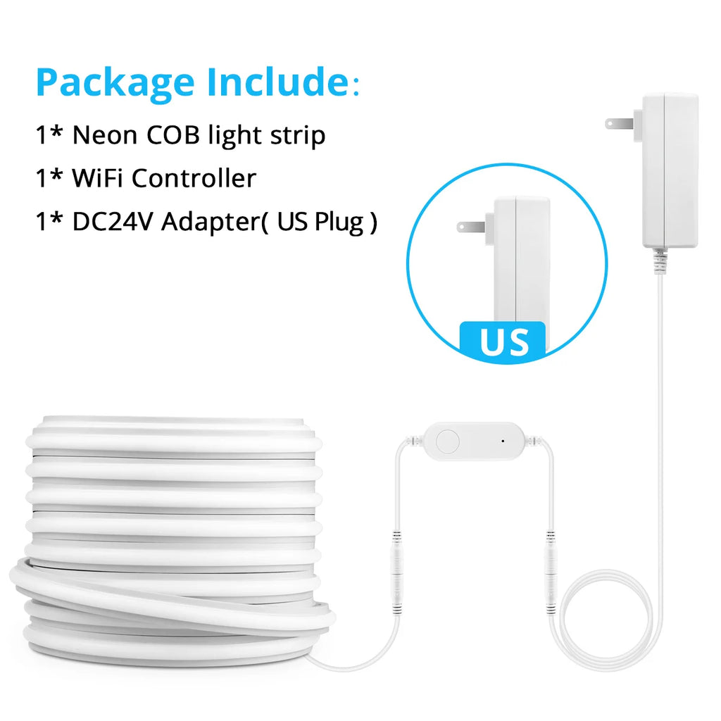 Smart WIFI App Control COB Neon LED Light Strip,Waterproof Fireproof Silicone LED Tape Light Rope DC24V, Room Decor Smart Home