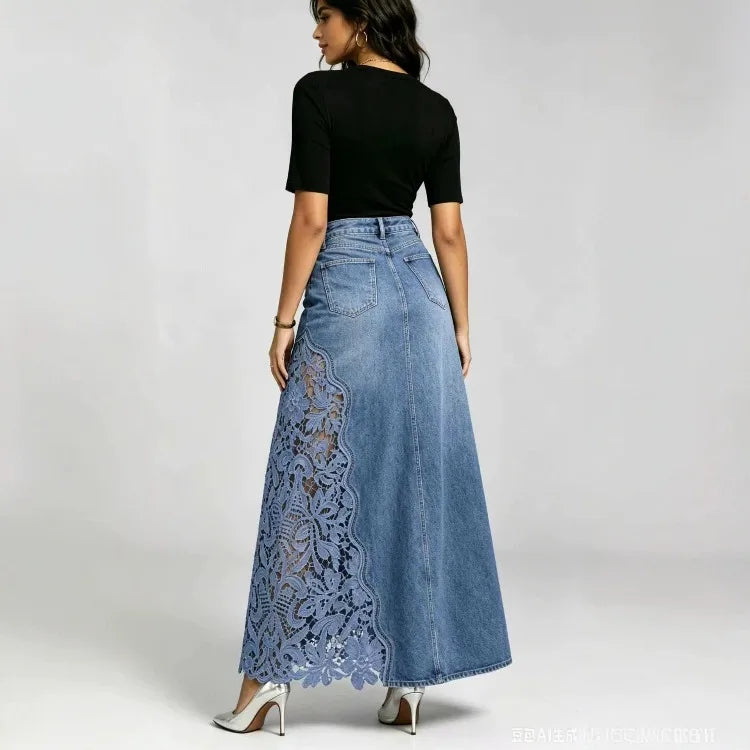 Women Denim Skirt Floral Lace Hollow Out Asymmetric Panel Skirt With Pockets Vintage Casual Irregular Hem Slim Jean Bottoms