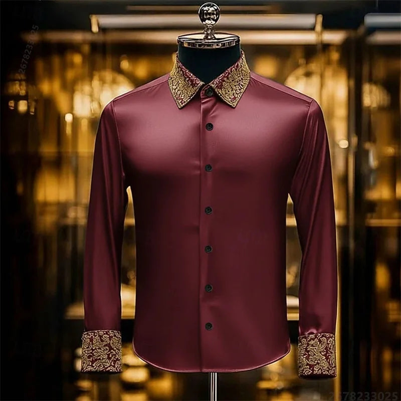 Luxury 3D Printed Long-Sleeve Men's Shirt, Baroque Gold Pattern Slim Fit Dress Shirt, Business Banquet Men's Shirt, Sizes XS-6XL