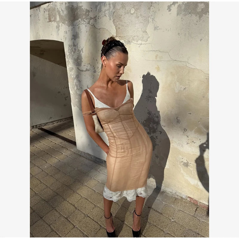 Sexy Sheer Mesh Overlay Midi Dress Women Sleeveless Waist Cinched Lace-trim Bodycon Sling Dress 2026 Lady Trendy Party Robe