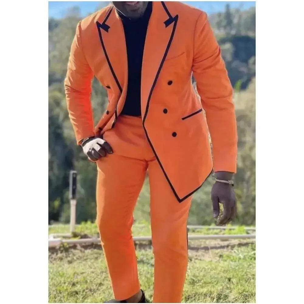 Orange Men Suits 2 Pieces Black Trimming Peaked Lapel Costume Homme Wedding Groom Tailored Made Blazer Sets