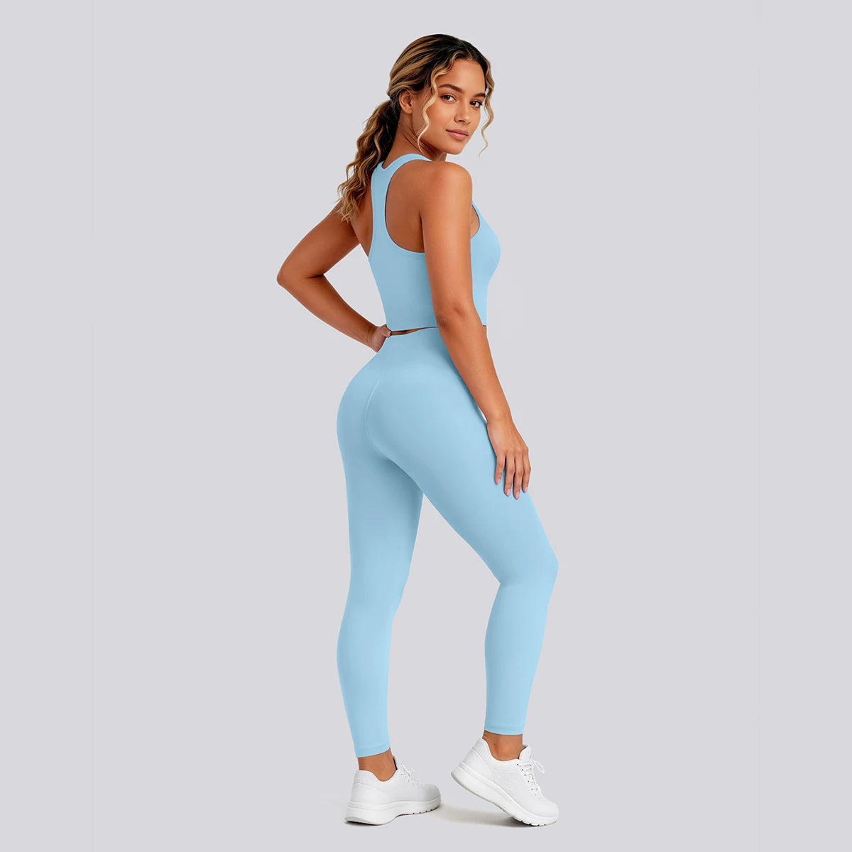 2PCS Solid Color Yoga Set for Woman's Gather Beautiful Back I-shaped Vest Shock-absorbing Running Yoga Tank Top Push Up Pants