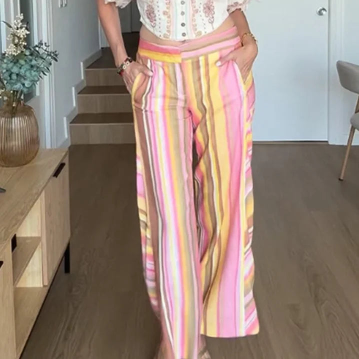 Casual Women's Red Striped Pants Button Zipper Double Pockets Straight Straight Leg Trouser 2026 Spring Summer Fashion Lady Pant