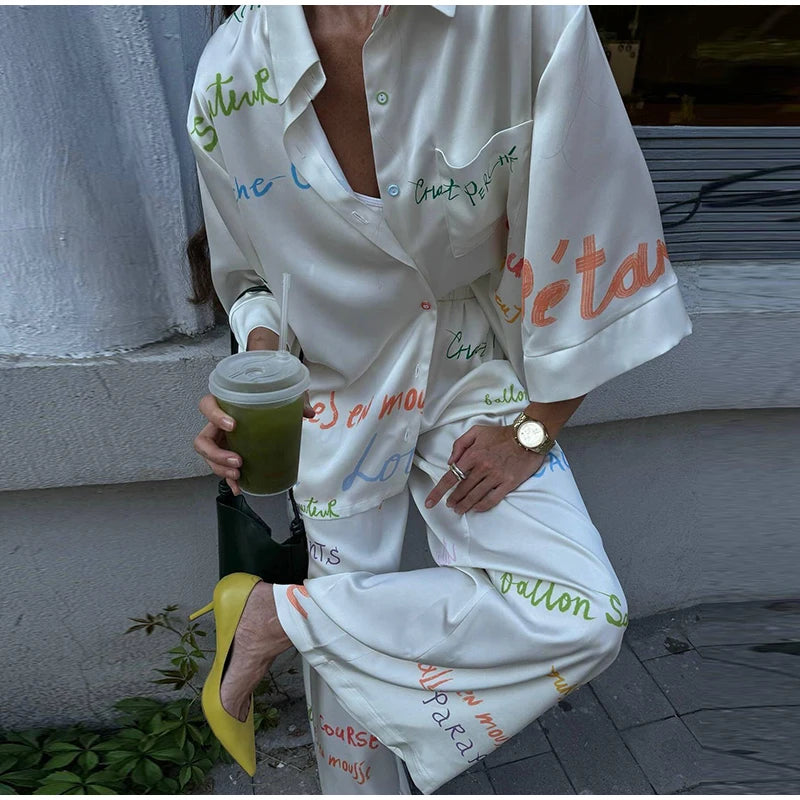 Vacation Geometric Printed Loose Pants Sets Women Lapel Full Sleeve Pocket Shirts Wide Leg Pant Suits 2026 Summer Street Outfit
