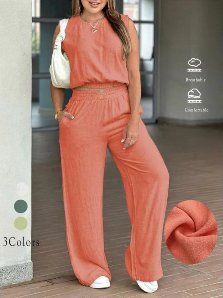 Fashion Ultra-short Sleeveless Top Trousers 2-piece Set Summer New Casual Pocket Loose Wide-leg Trousers Female Office Set 2025
