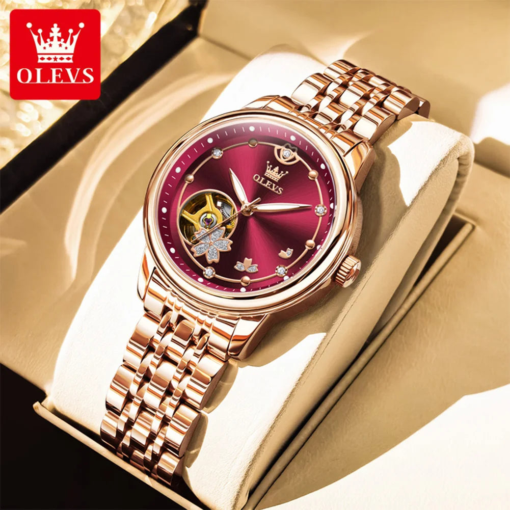 OLEVS 6732 Women's Watches Elegant Rose Gold Stainless Steel Hollowed Diamond Dial Automatic Mechancial Watch Gift Box for Women