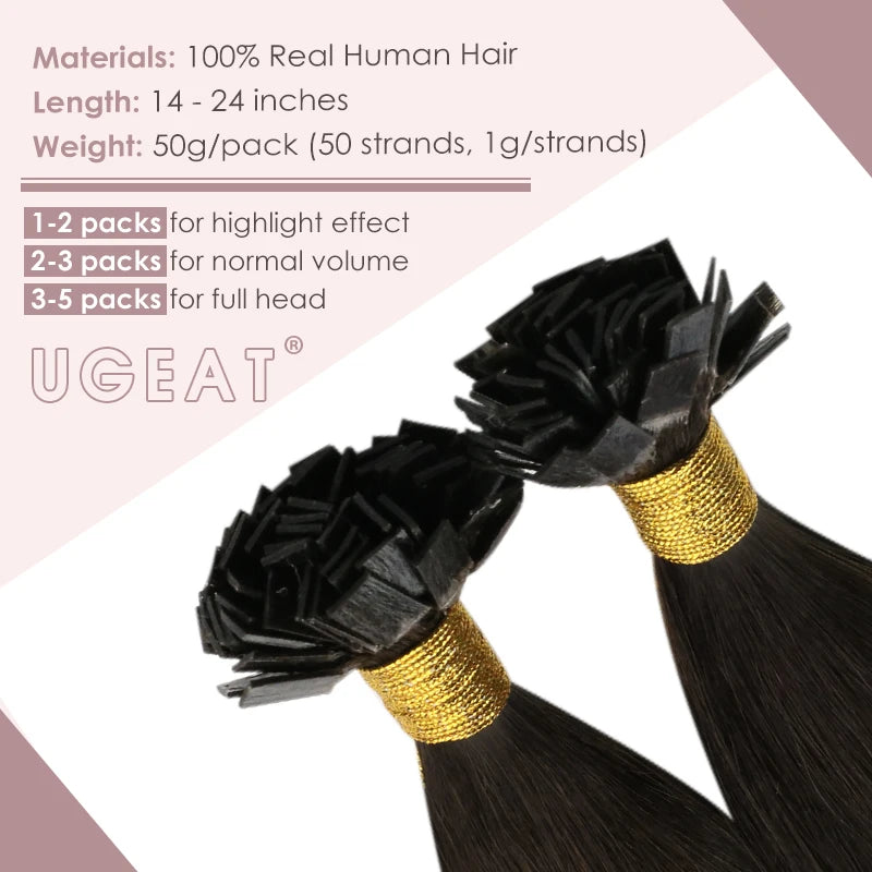 Ugeat Flat Tip Hair Extensions 14-24" Natural Straight Flat Tip Keratin Hair Extension 50/100g Remy Pre Bonded Hair Extensions