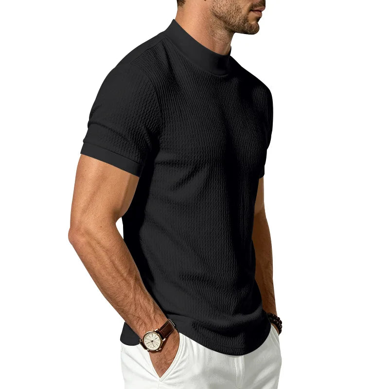 Men Summer Solid Jacquard Textured Mock Neck Short Sleeve T Shirt Slim Fit Simple Versatile Casual Daily Male Basic Tees