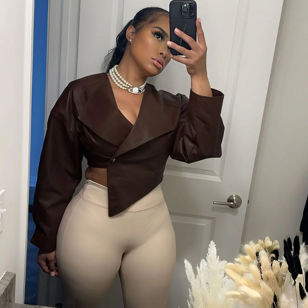 Joskaa 2025 Fall Women's PU Leather Jackets Fashion Solid Lapel Full Sleeve Slim Irregular Crop Coats Outerwear Y2K Streetwear
