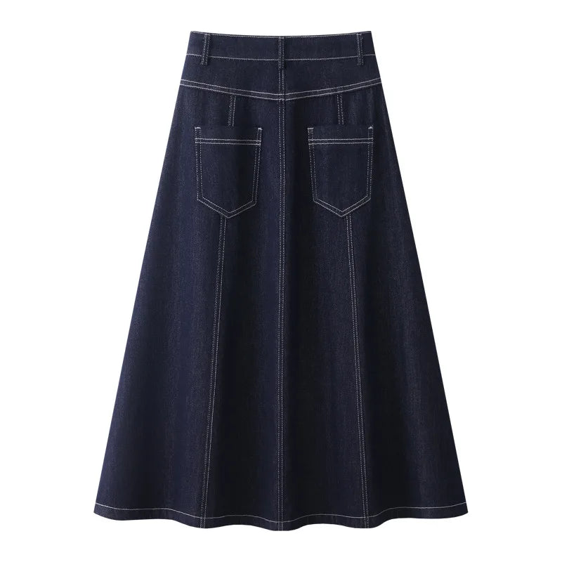 Dark Blue Denim Mid-Calf Skirts For Women 2025 New Spring and Summer Casual Loose Streetwear Office Lady Chic Long Skirts