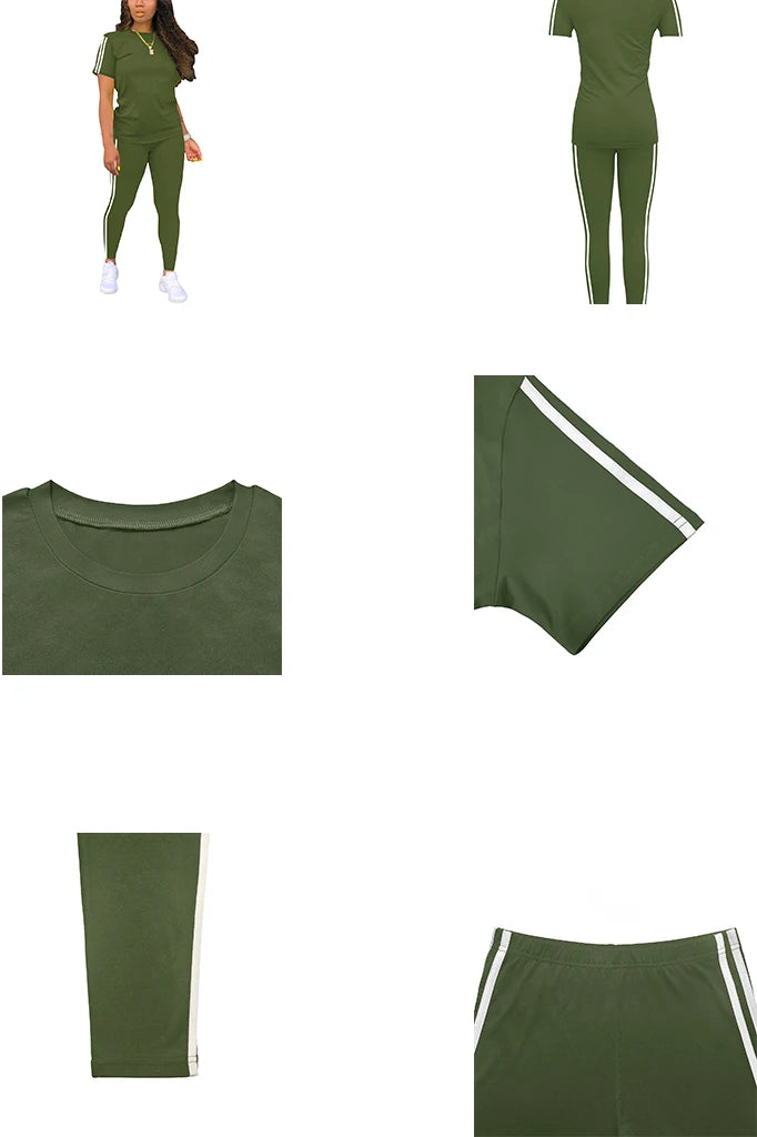Women's Side-Striped Summer Sportswear Set Short Sleeve Long Pants Breathable Base Layer Clothing Colorful Casual Outfit