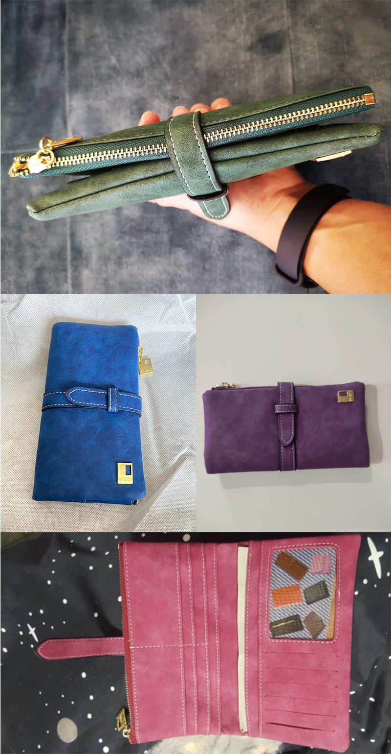 Vintage Women Long Standard Wallets Purse Fold Drawstring Nubuck Leather Zipper Suede Bag Female Simple Design Clutch Handbags