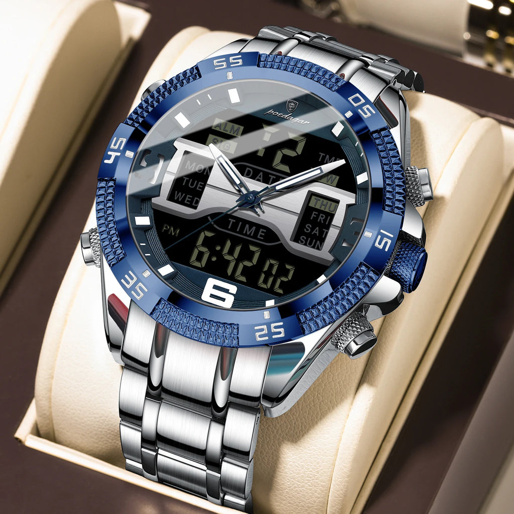 POEDAGAR LED Luxury Men Watch Sports Dual Time Display Digital Luminous Week Date Man Wristwatch Electronic Quartz Men's Watches