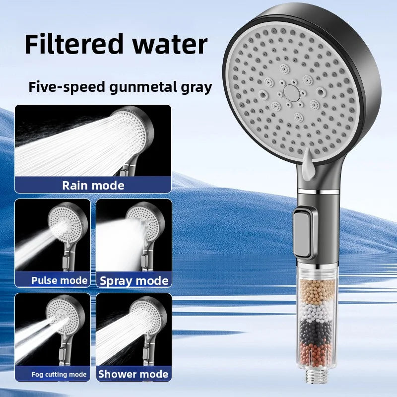 5-Mode High Pressure Filtered Shower Head - Gunmetal Gray, Multi-Effect Skin Care Stones, Adjustable Water Flow for Bathroom