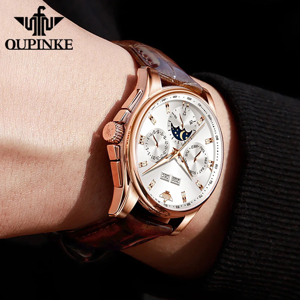 OUPINKE Top Men's Automatic Mechanical Wrist Watch Leather Strap Luxury Business Multi functional Lunar Phase Dial Reloj Hombre