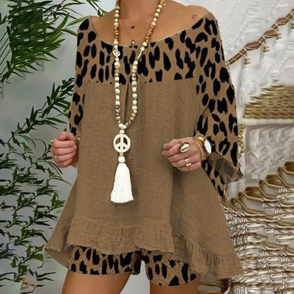 Women'S European And Fashion Leopard Print Stitching Loose Large Size Cotton And Linen Suit Ladies Board Shorts for Swimming