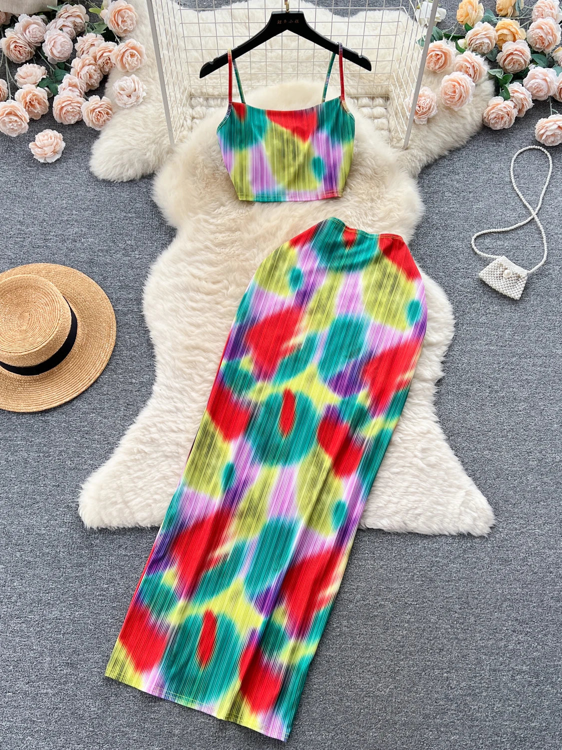 Retro Style Printed 2 Pieces Set for Women Fashion Summer Sleeveless Cropped Camis Top + Elastic Waist Bodycon Long Skirt Suits