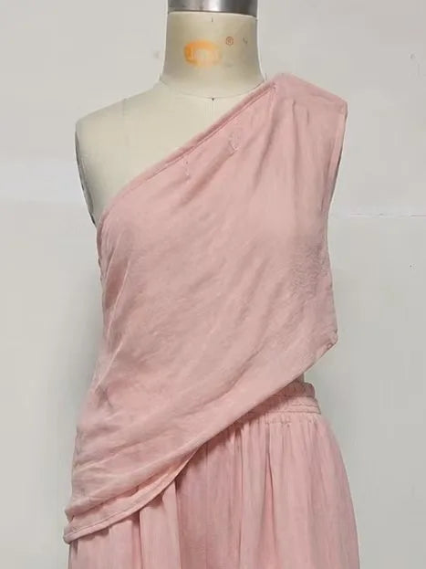 Summer Women Slant Shoulder Top & Wide Leg Pants 2 Piece Outfit Cotton Linen Casual Matching Suit