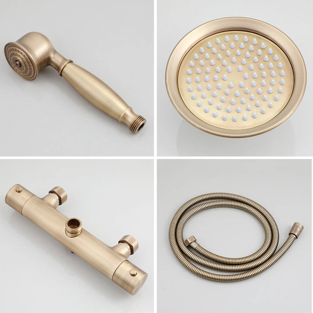 JIENI Bathroom Thermostatic Shower Faucet Set Antique Brass Wall Mounted Rainfall Shower Head W/ Single Handle Control Mixer Tap