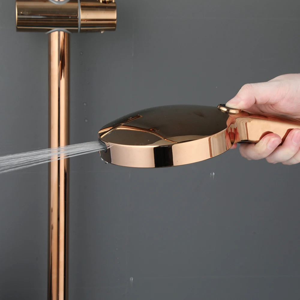 KEMAIDI Rose Gold Bathroom Shower Set Rainfall Hot And Cold Control Multifunctional Bath Shower Faucet System W/ Hand Shower