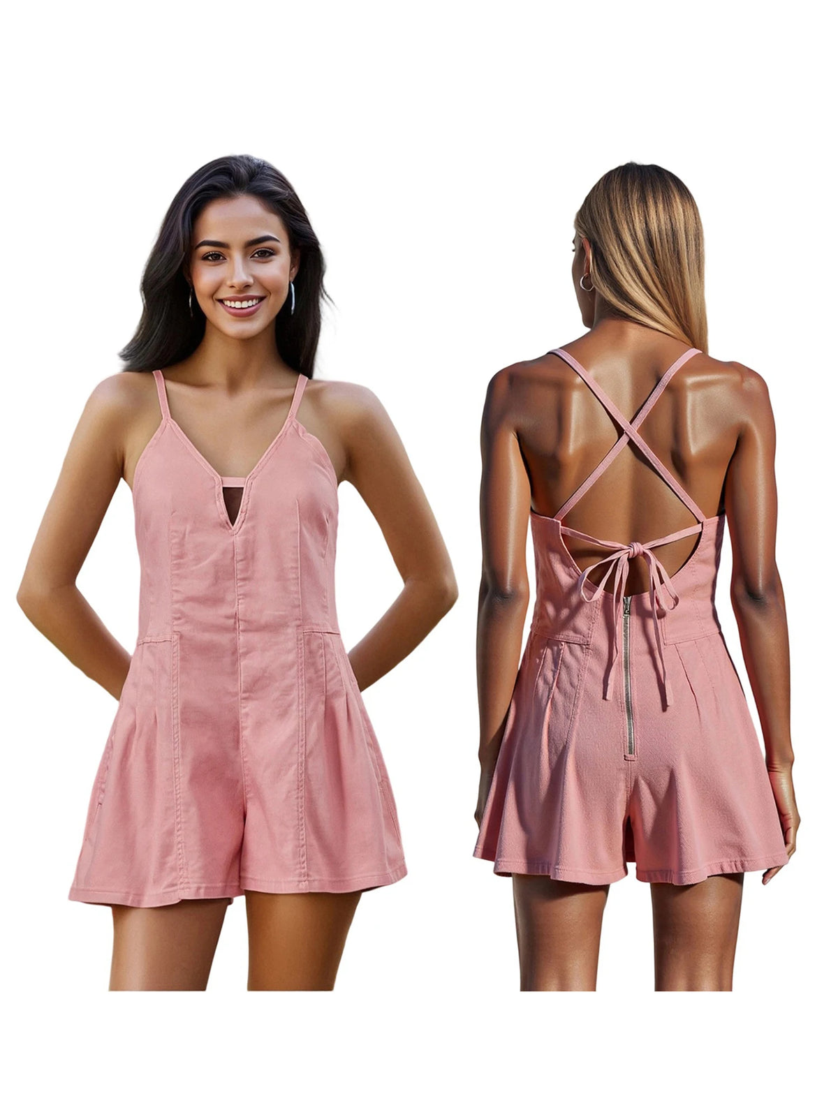 Women Spaghetti Strap Denim Romper Sleeveless V Neck Backless Tie-Up Jean Short Jumpsuits Y2k Ruffle Jean Overalls