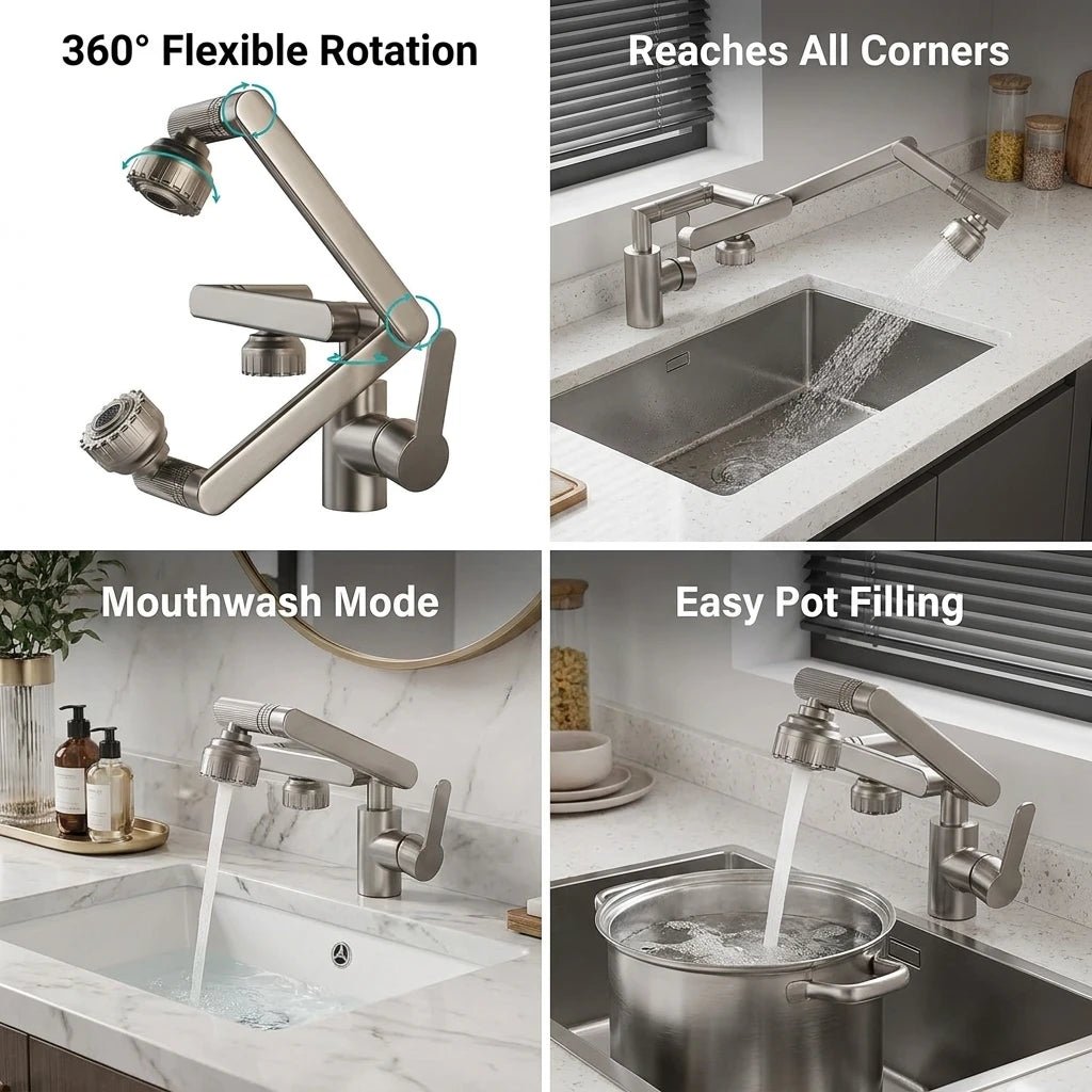 Multifunction Bathroom Kitchen Sink Faucet Swivel Cold Hot Water Tap with 2 Modes Basin Water Tap