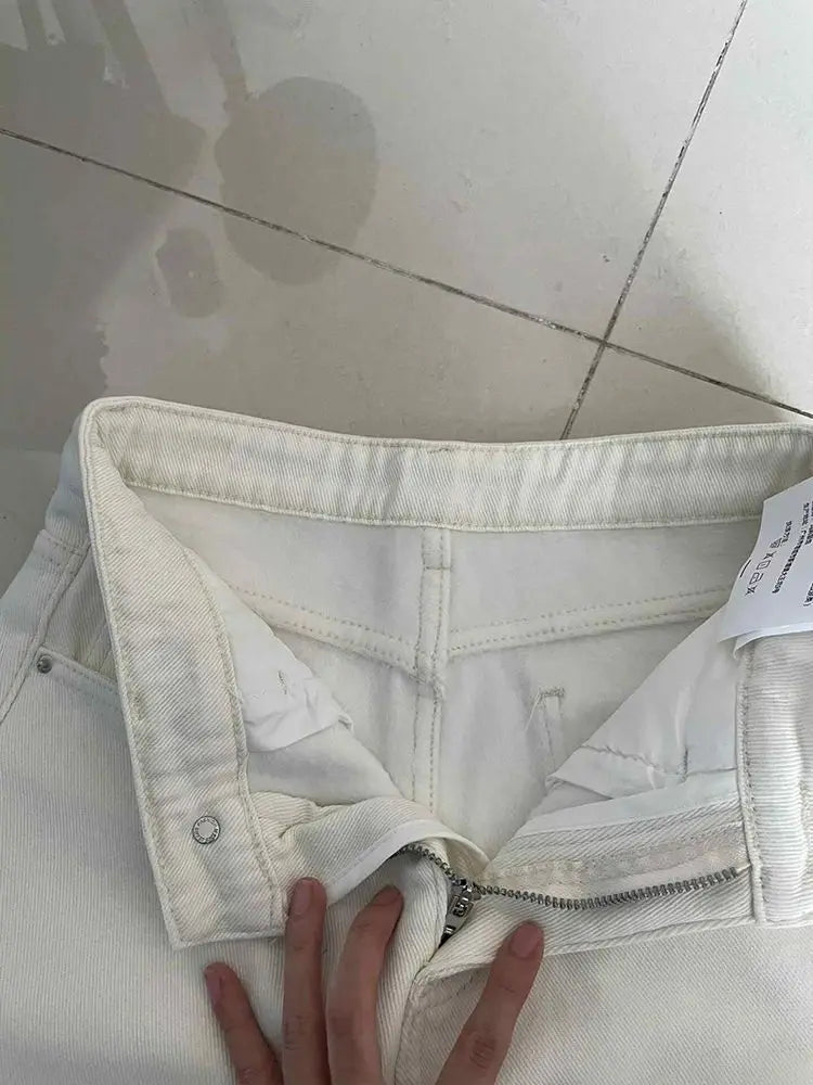 Winter Warm White High Waisted Denim Jeans Women Straight Leg Retro Wide Leg Denim Pants Cord Velvet Casual Slim Denim Trousers