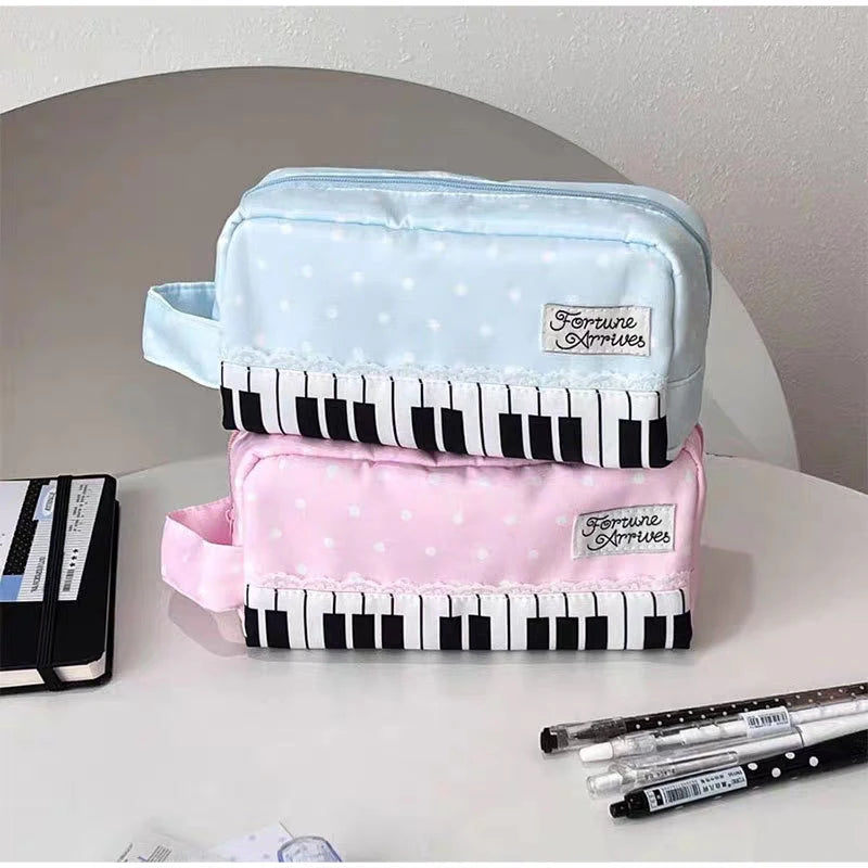 Polka Dot Piano Keyboard Backpack Back-to-school Girl Music Theme Embroidered Nylon Backpack Large Capacity Lightweight Backpack