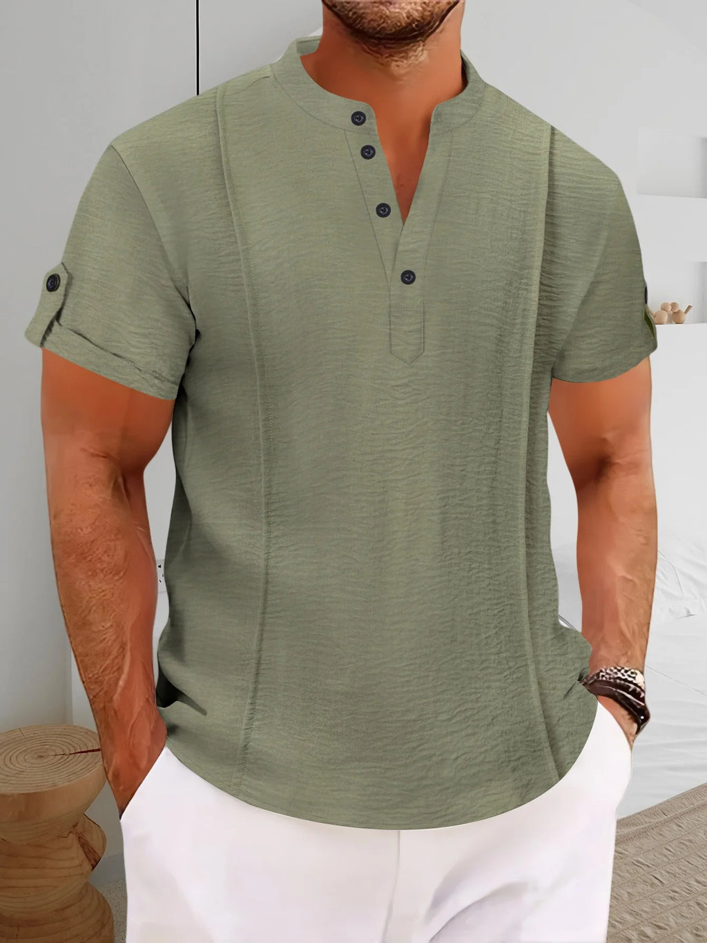 2025 Summer Blockbuster Fashion Shirt Men's Short Sleeve Button Pleats Solid Color V-Neck Casual Outdoor Comfort Henry Shirt