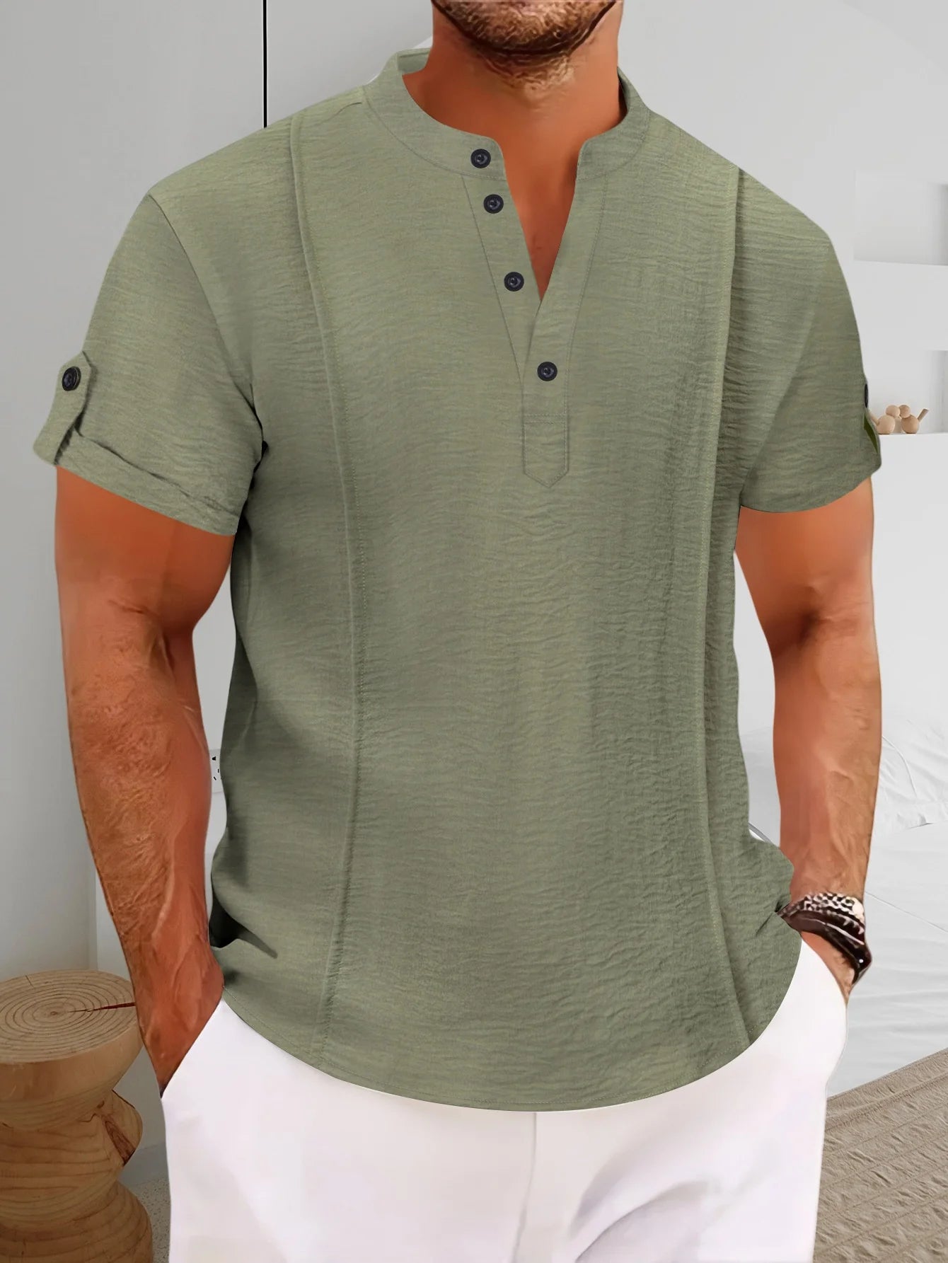 2025 Summer Blockbuster Fashion Shirt Men's Short Sleeve Button Pleats Solid Color V-Neck Casual Outdoor Comfort Henry Shirt