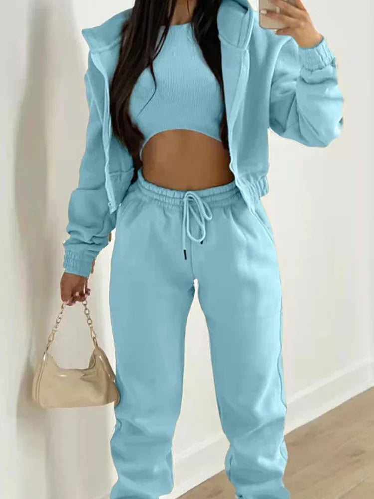 Women's 3-Piece Set Long Sleeve Hooded Sport Coat Casual Loose Lace-Up Pants Autumn Winter Fashion Outfit Versatile Clothing