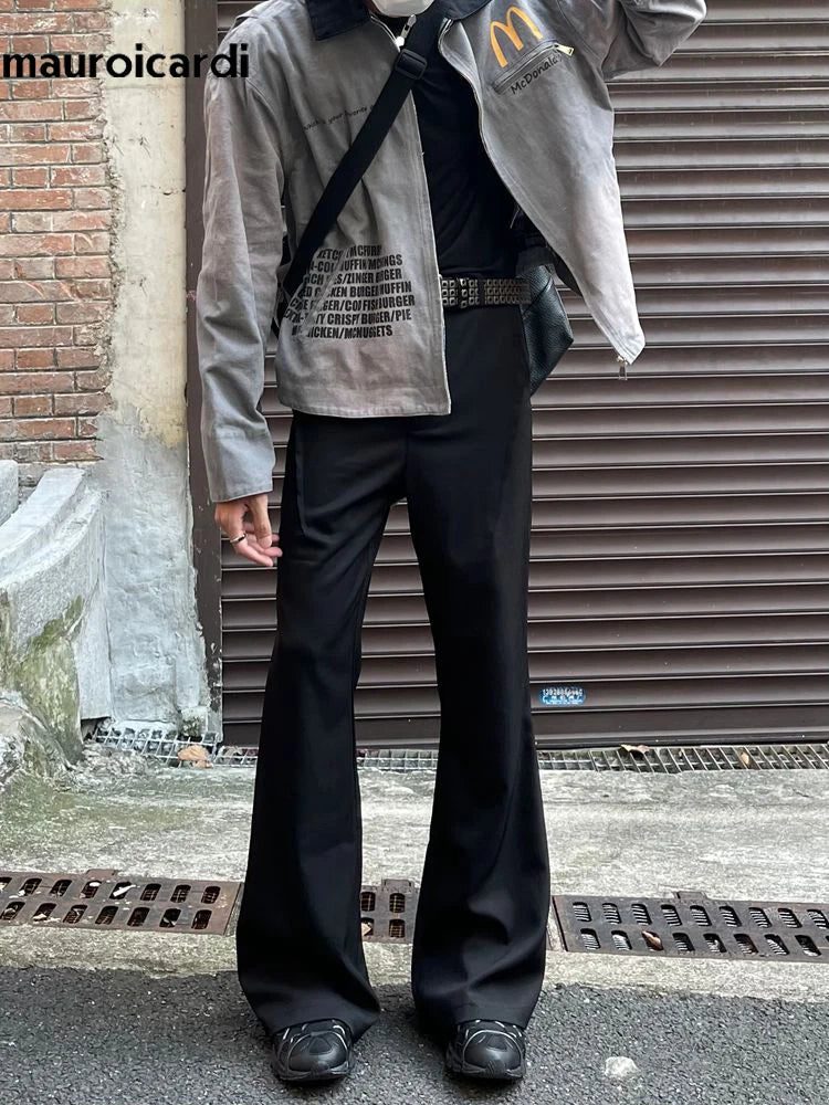 Mauroicardi Spring Autumn Long Black Soft Flare Pants for Mens with High Waist Korean Fashion Smart Casual Chic Trousers 2024