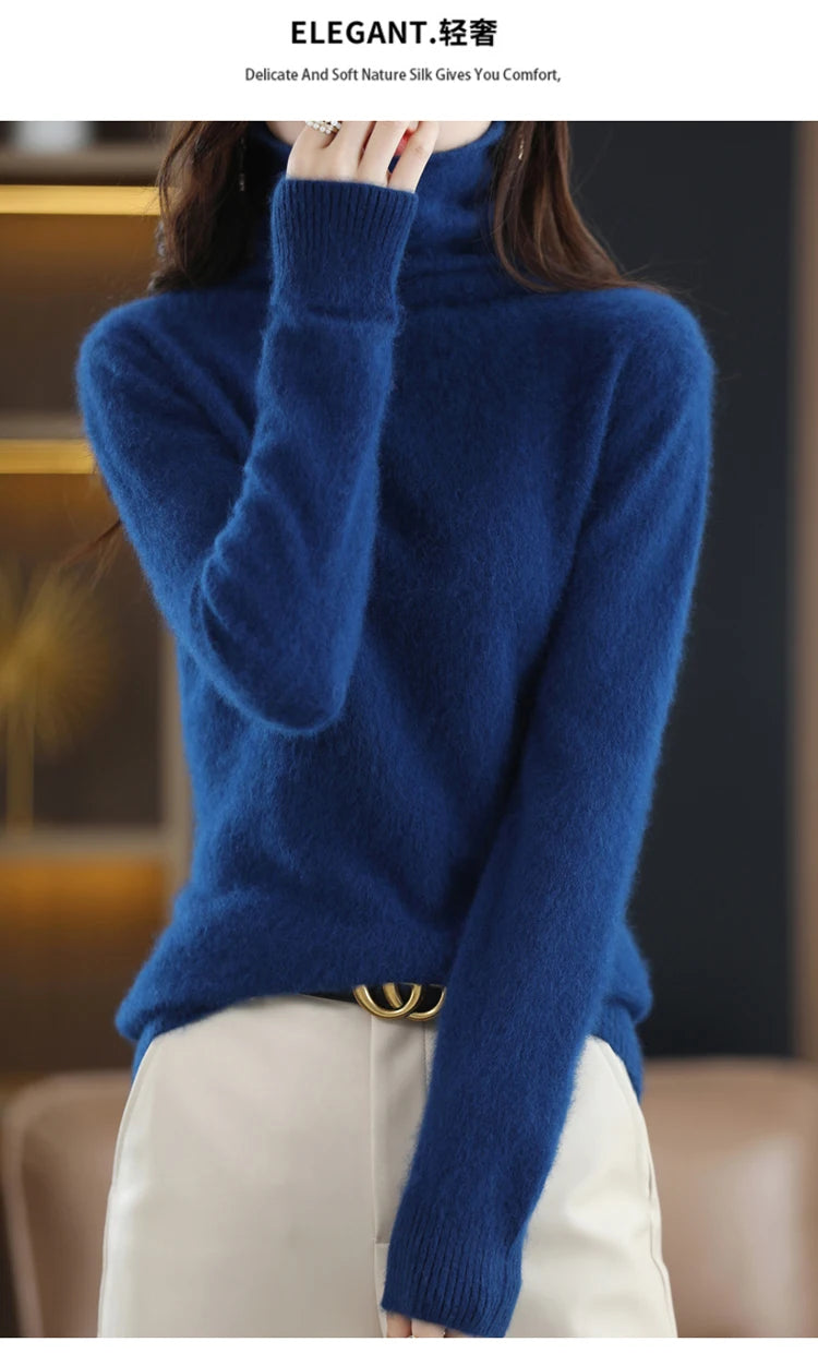 Women's Pile Collar 100% Mink Cashmere Sweater Winter High Collar Knitted Pullover Casual Short Thick Tops Loose Warm Base Shirt