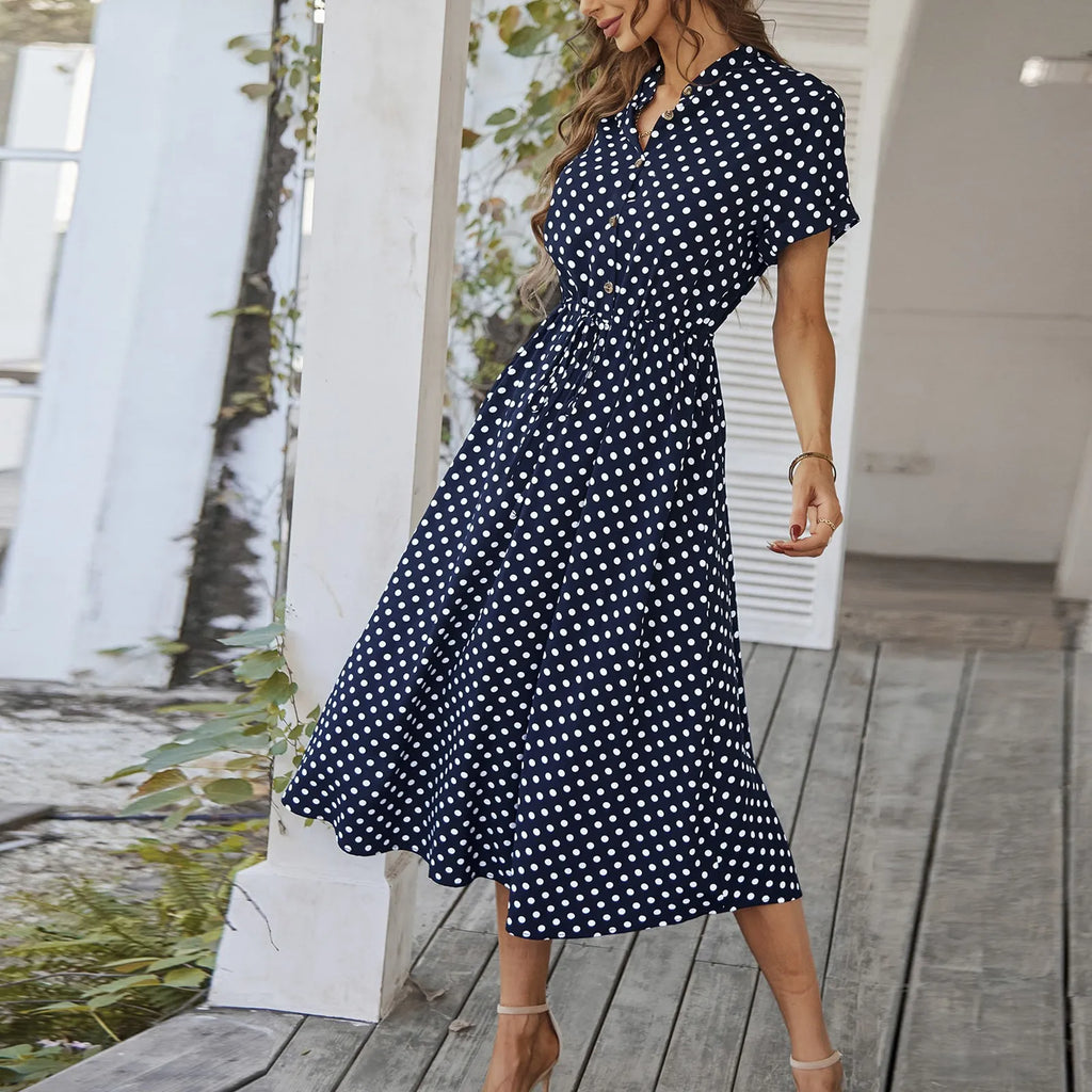 Elegant retro polka dot dress Women's Summer Midi Dress V Neck Single Breasted Short Sleeve Dresses Fashion Print Dress