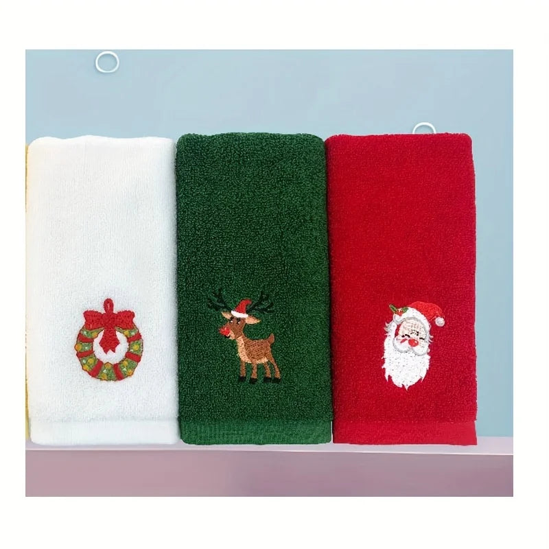 A Set of 3 Randomly Colored Christmas-Themed Embroidered Soft, Skin-Friendly Pure Cotton Towels, Suitable for Daily Use in the Kitchen and Bathroom as Face Towels