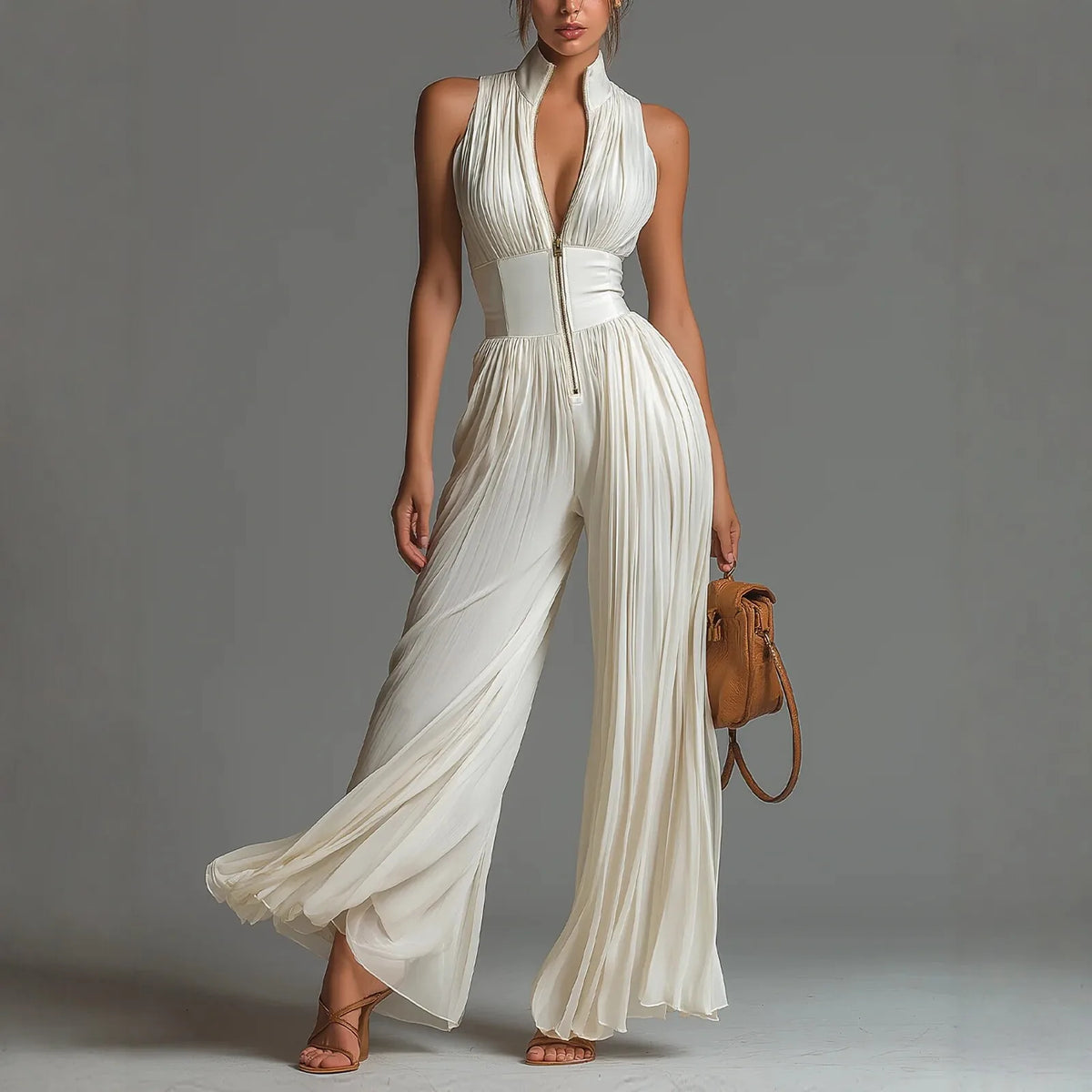 White Pleated Neck Women's Jumpsuit Long Wide Leg Fashionable Sexy Pleated