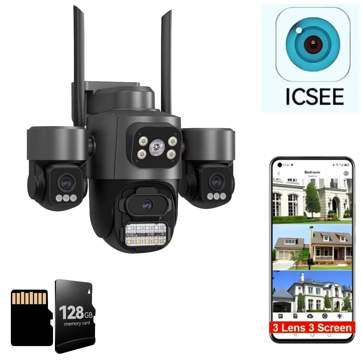 Icsee 3 Lens 3 Screen WIFI Security Camera Outdoor PTZ PIR Human Detection Auto Tracking Night Vision Surveillance CCTV