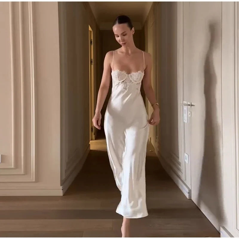 Backless Satin Long Sling Dress Women V Neck Sleeveless Slit Solid Sexy Party Dresses 2026 Summer Lady Vacation Evening Robes