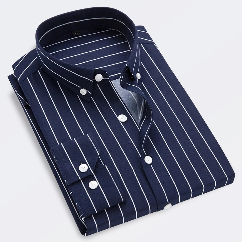 2026 Men's Classic Striped Shirt, Single-breasted Long-sleeved Shirts Autumn New Top Red Blue Black Slim Version Male Chemise