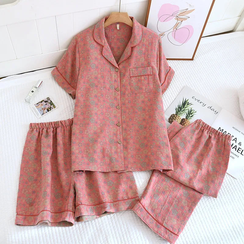 Short Sleeve Sleepwear Women's Pajamas Set Gauze Cotton Pyjamas Summer New 3 Pieces Floral Home Wear Nightwear For Woman