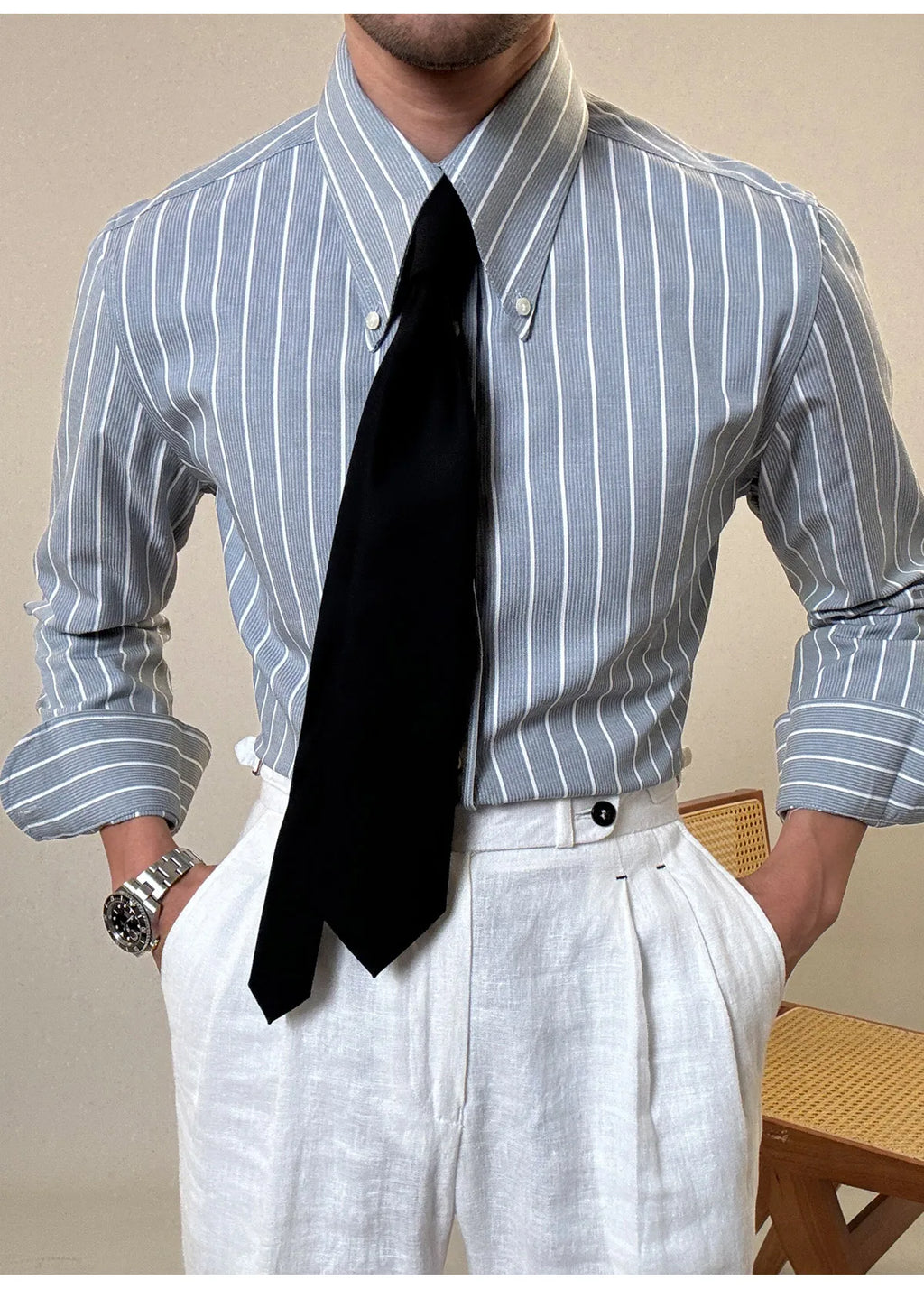 Anti-wrinkle Tianshan Cotton Italian Long Point Collar White Striped Shirt Men's Long Sleeve Casual Business Shirt