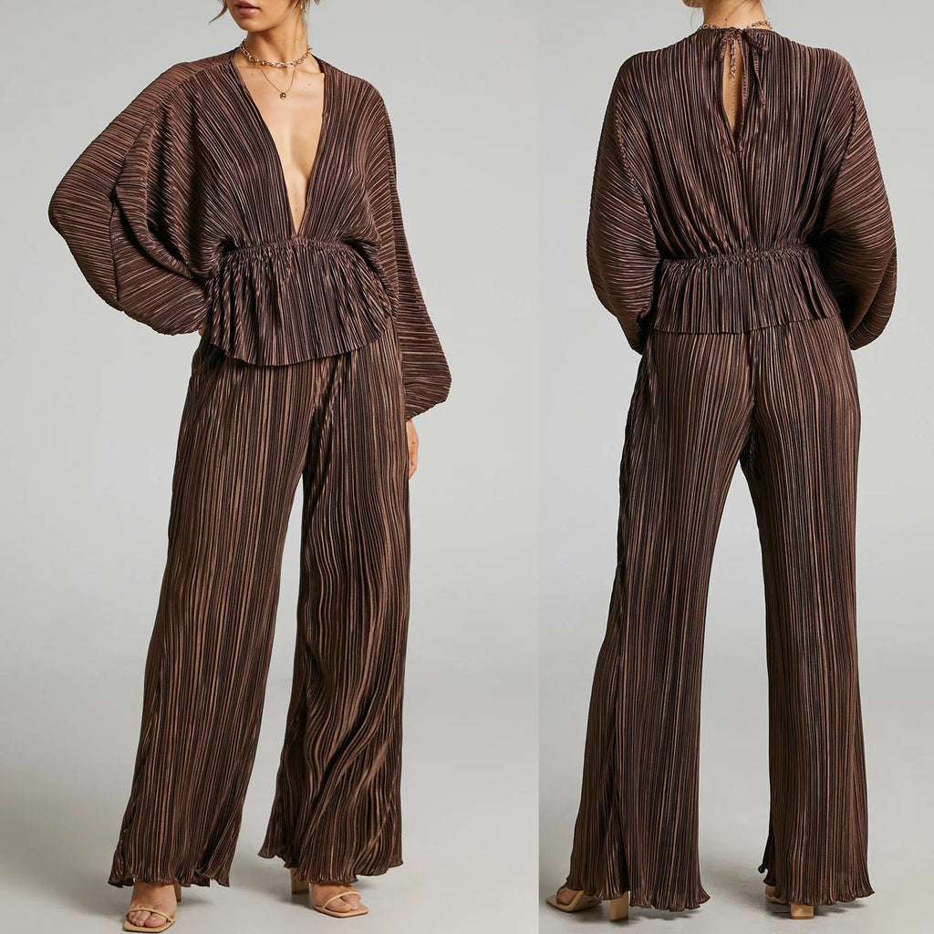 Women's Two Piece Set Deep V Neck Pleated Tops with Wide Leg Pants Stretchy Sexy Casual Outfit