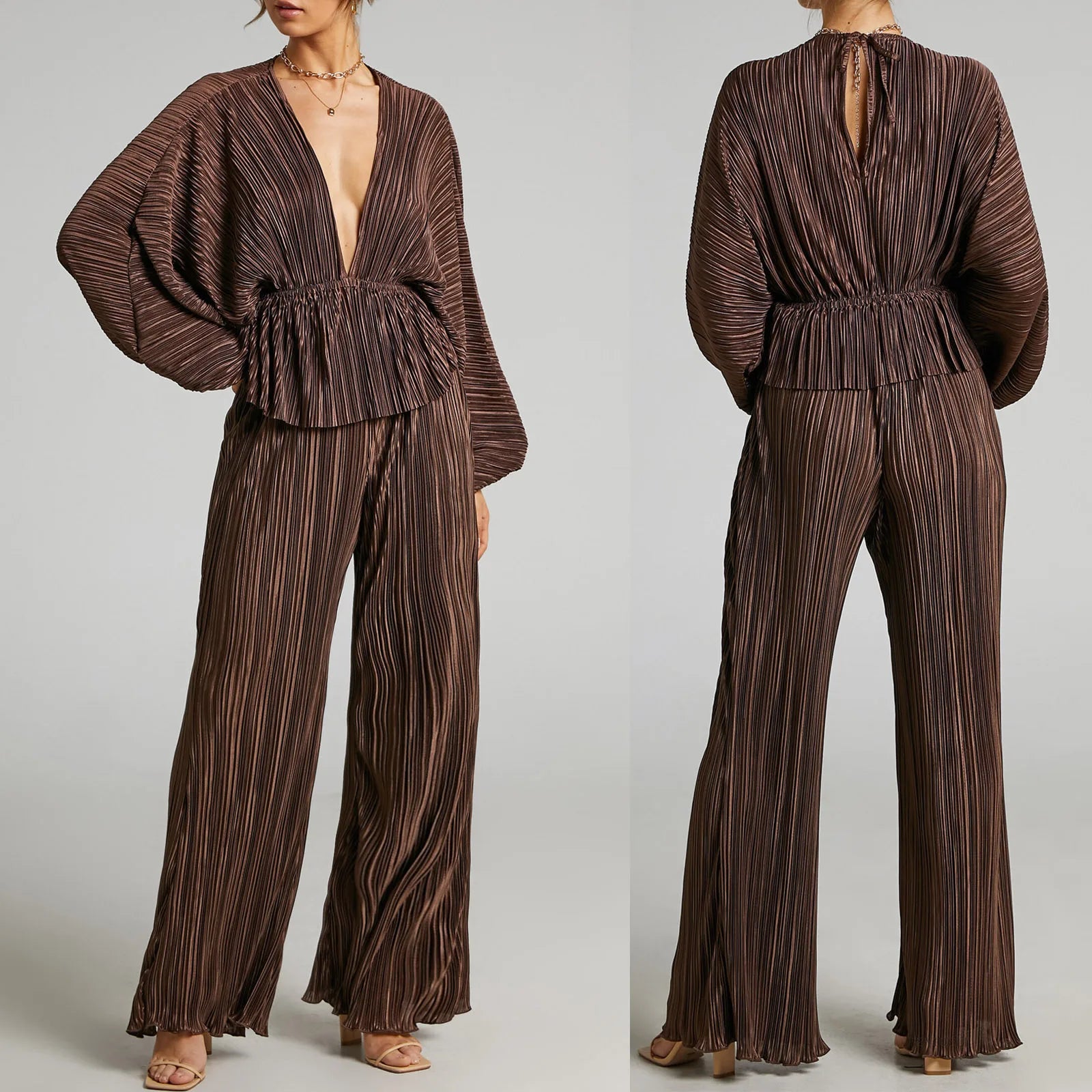 Women's Two Piece Set Deep V Neck Pleated Tops with Wide Leg Pants Stretchy Sexy Casual Outfit