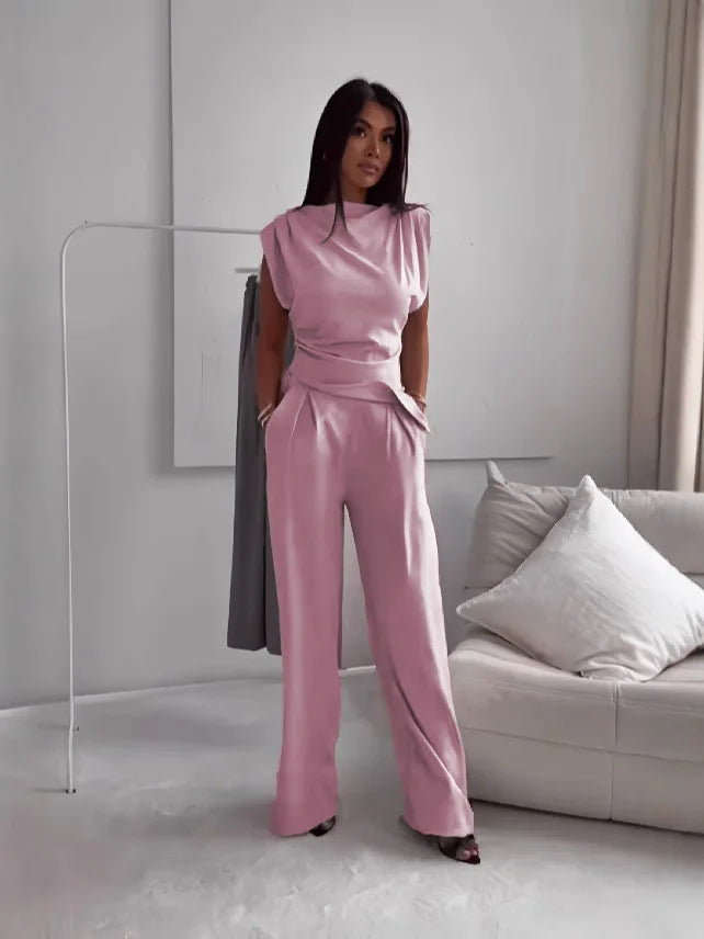 Women's Sleeveless High Waist Wide Leg Pants Set Elegant Solid Color Casual Two Piece Outfit for Summer Office Wear Fashion