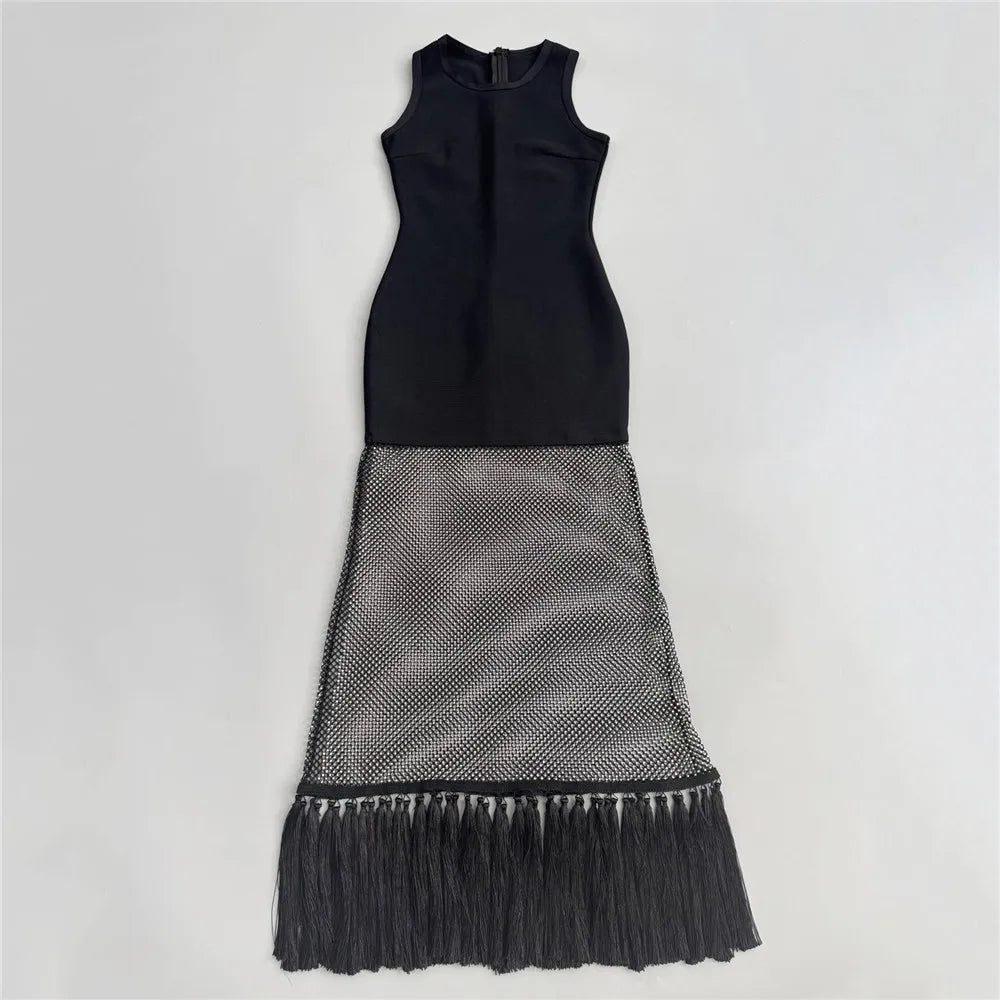 2025 New Women Sleeveless Bandage Dress Sexy Beading Tassels Clothes Club Party Elegant Dresses