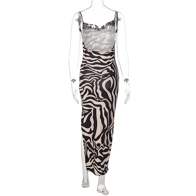 Womens Leopard Print Maxi Dress Strap Backless Bodycon Dress High Slit Sleeveless Party Dress Sexy Club Summer Dresses