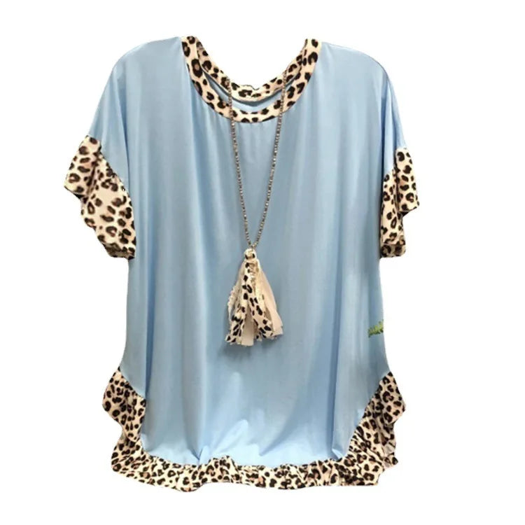 2026 New Women's Clothing, Leopard Print Splicing Short-sleeved Round Neck Loose Medium and Long Top T-shirt Women's Cw65684