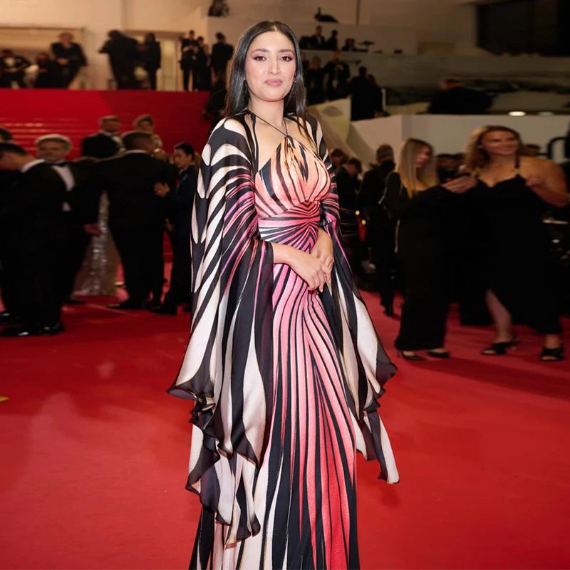 Printed Batwing Sleeve Halter Party Dress Women's Sexy Backless Full Sleeved Maxi Dresses 2026 Autumn Lady Evening Gown