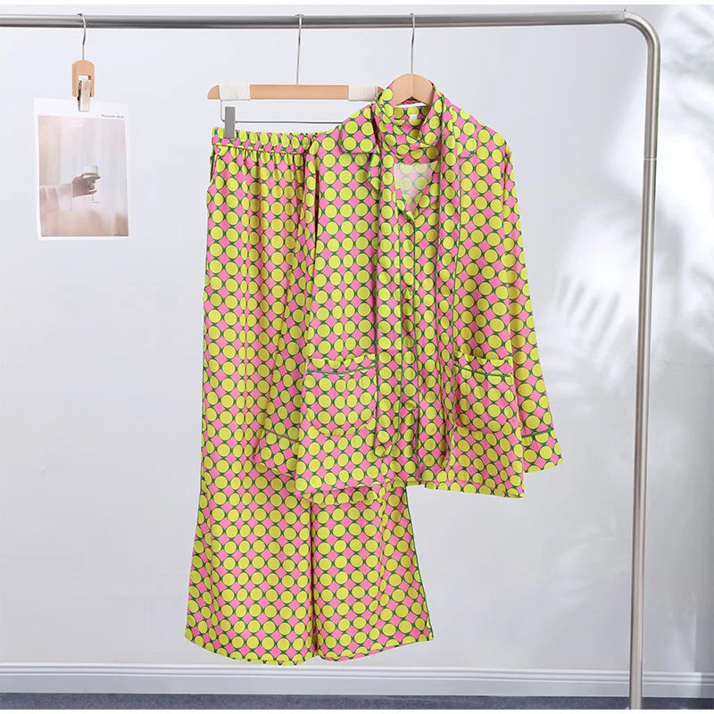 Vacation Geometric Printed Loose Pants Sets Women Lapel Full Sleeve Pocket Shirts Wide Leg Pant Suits 2026 Summer Street Outfit